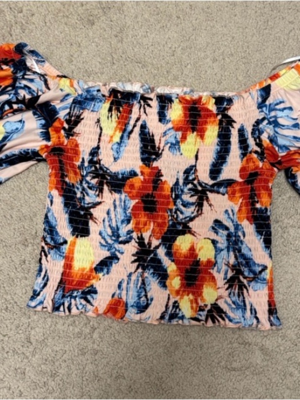 Floral Off-Shoulder Smocked Women’s Top in Peach and Blue